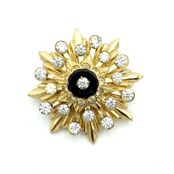 MID-CENTURY sunburst brooch - gold-tone rhinestone & onyx pin heavy layered dome - Picture 2 of 8